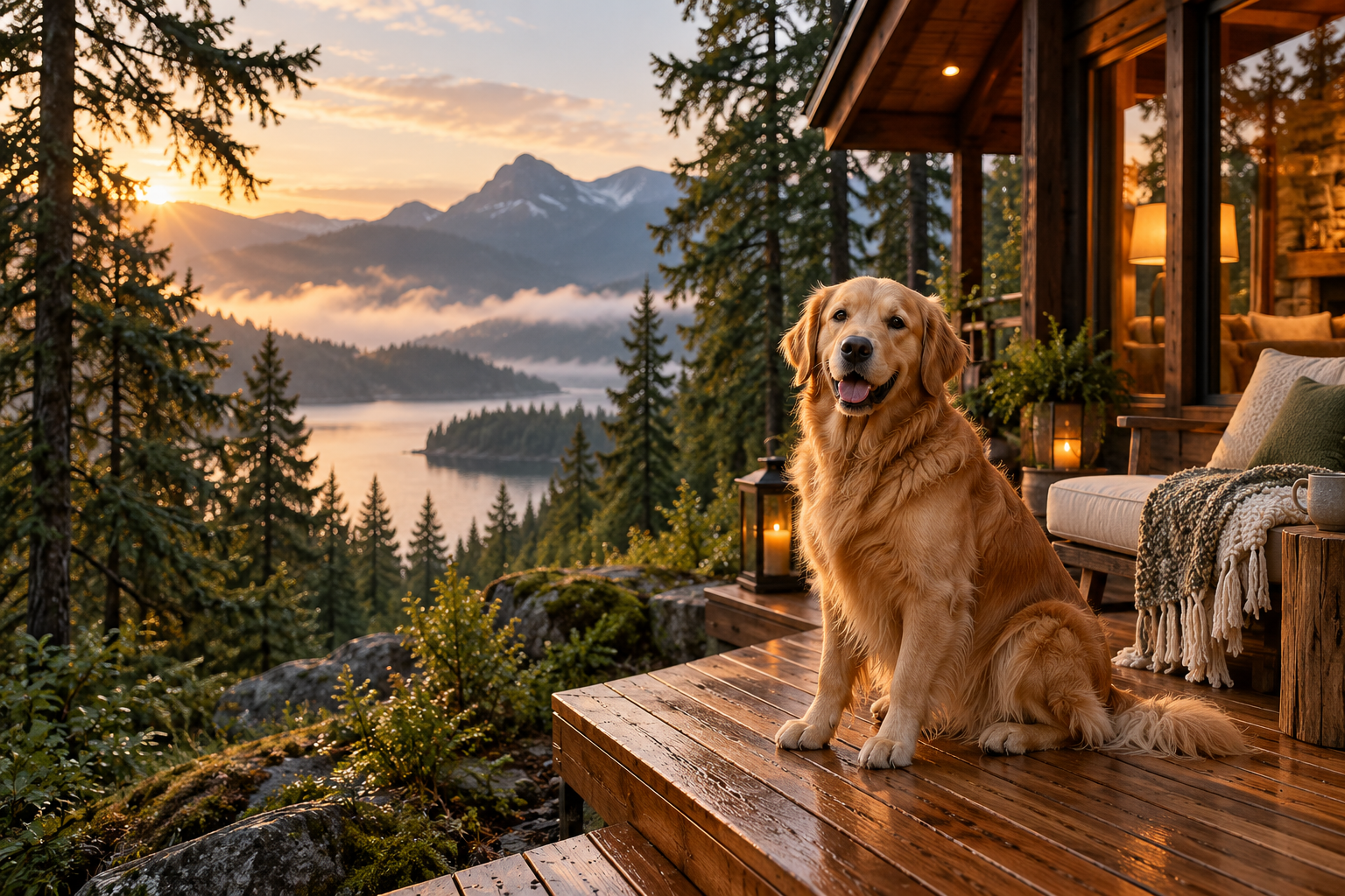 Illustrative woodland cabin escape with a golden retriever on a deck beside a mountain lake